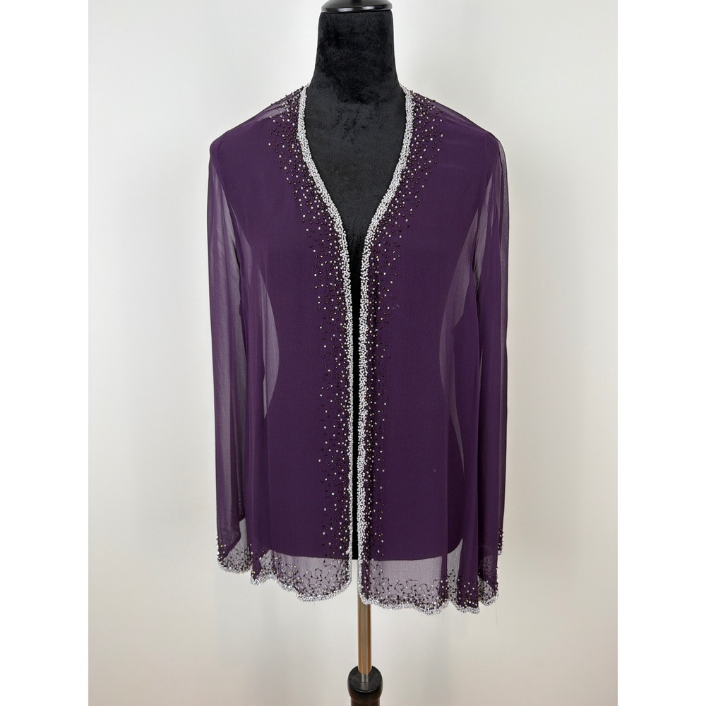 Silk Chiffon Beaded Sheer Cardigan 1X Purple Open Front Evening